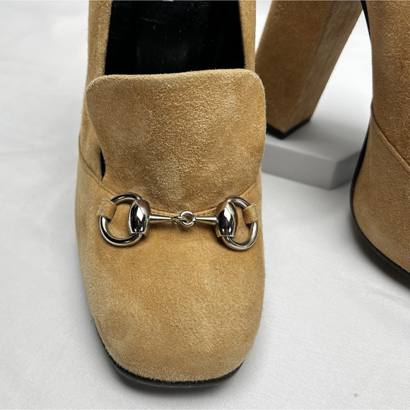 Gucci Camelia Suede Leather Beige Horse bit Block Heel Pumps Size 36.5 US 5.5 - Picture 2 of 11
